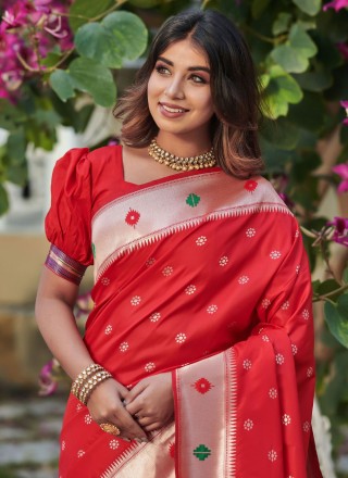 Banarasi Silk Red Woven Traditional Saree