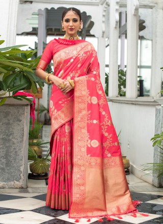 Banarasi Silk Rose Pink Weaving Designer Traditional Saree