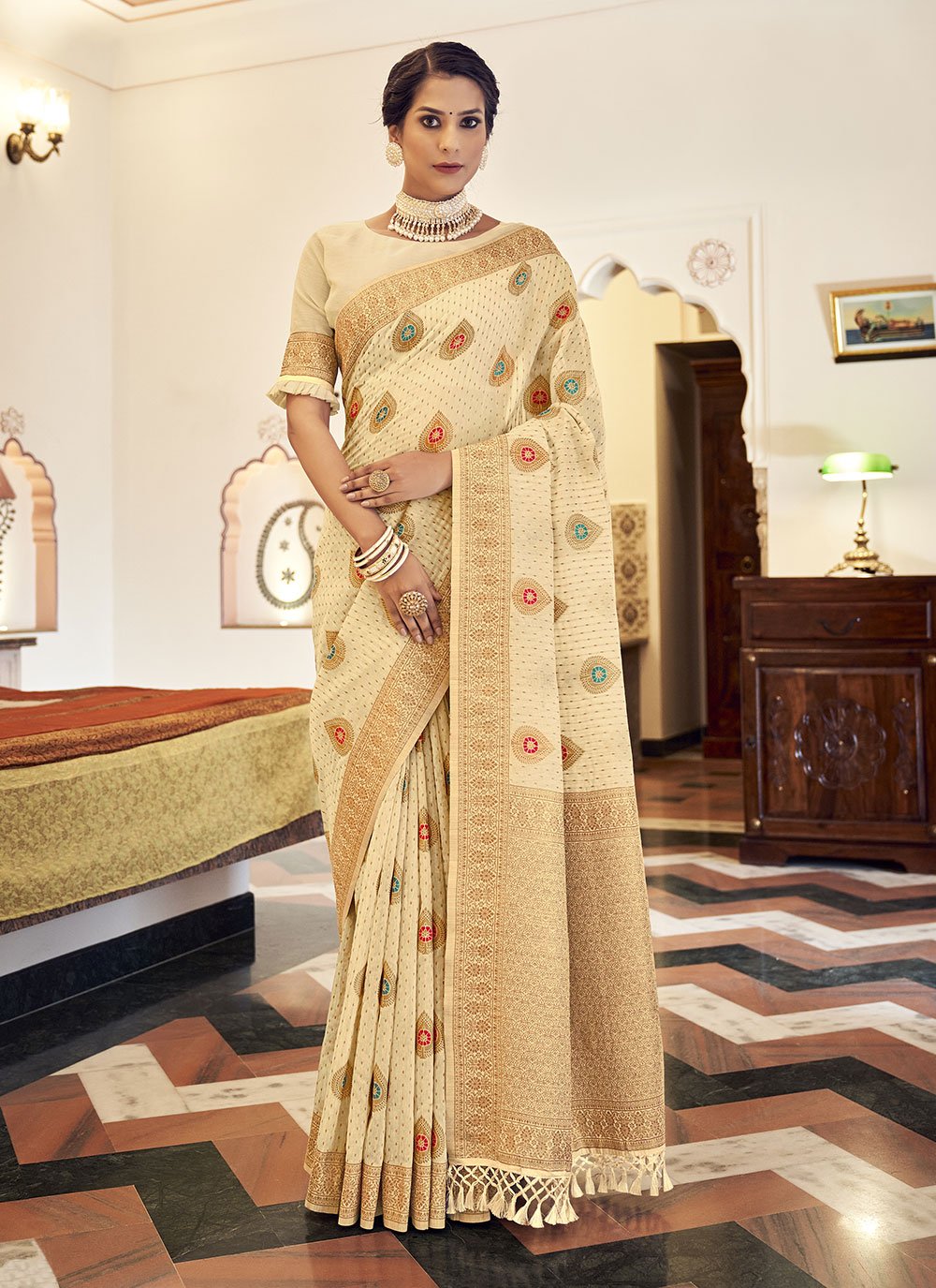 Banarasi Silk Traditional Designer Saree in Cream