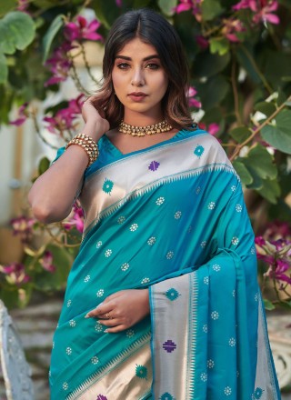 Banarasi Silk Turquoise Woven Trendy Saree