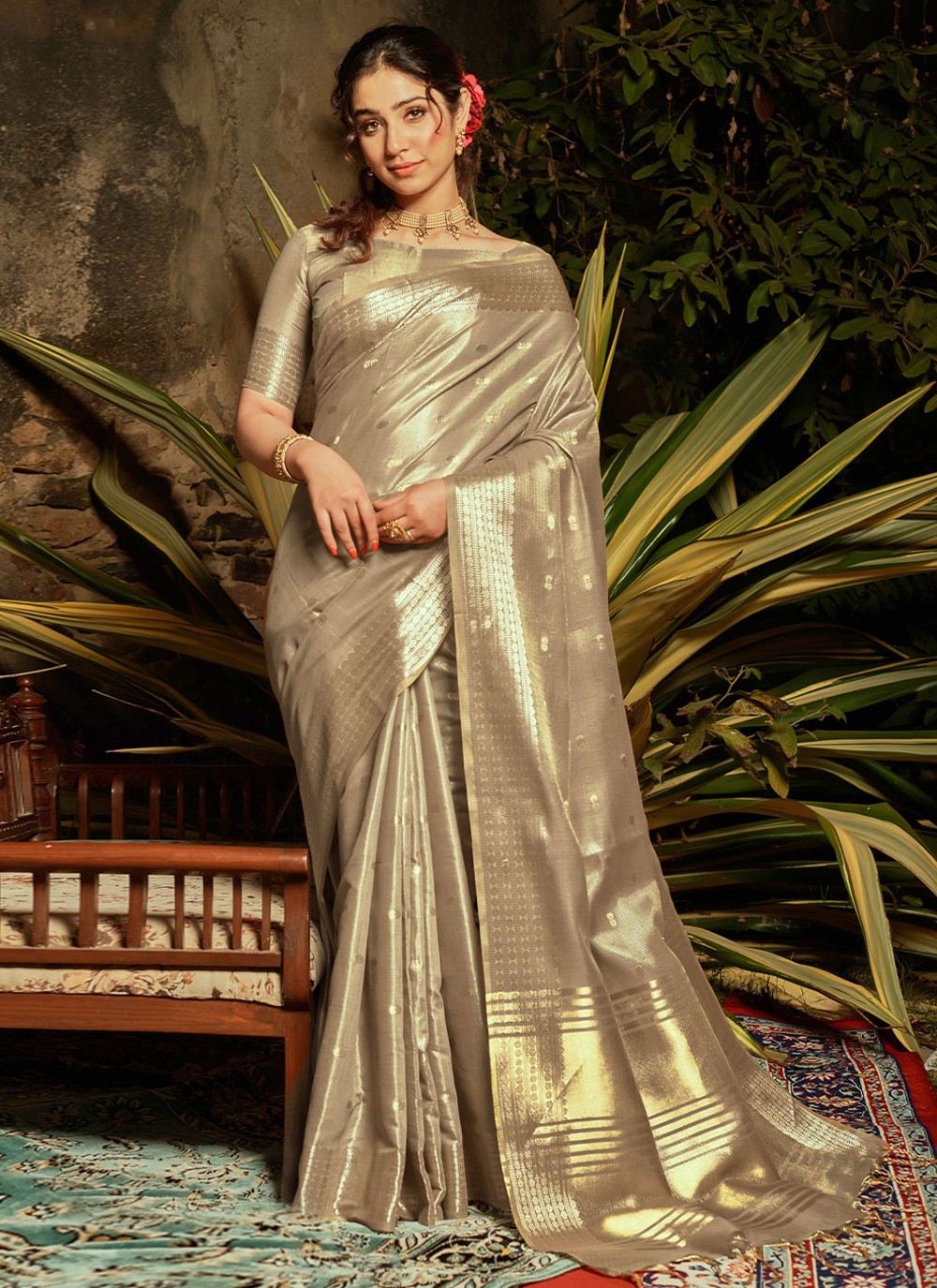 Grey Silk Patch Border and Embroidered Work Contemporary Saree for Women