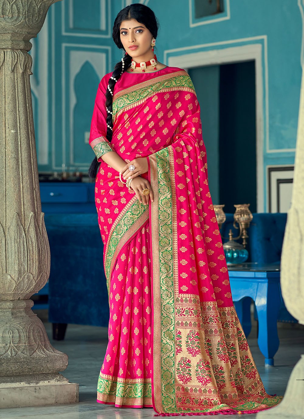 Banarasi Silk Weaving Magenta Traditional Designer Saree