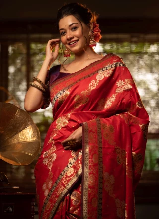 Banarasi Silk Weaving Red Traditional Saree