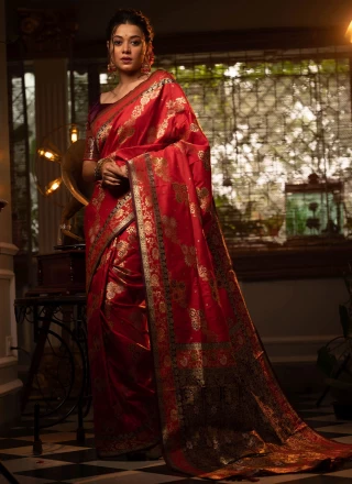 Banarasi Silk Weaving Red Traditional Saree
