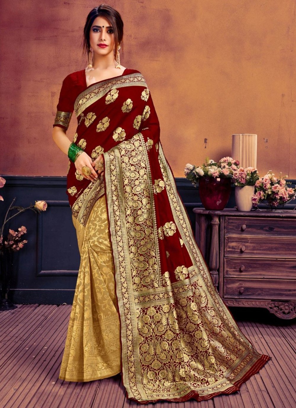 Banarasi Silk Weaving Shaded Saree in Beige and Maroon