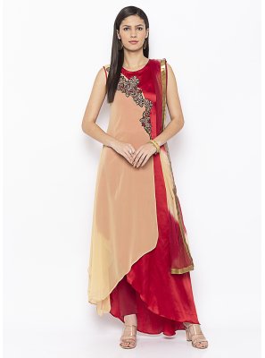 Beige and Maroon Embroidered Georgette Readymade Suit
