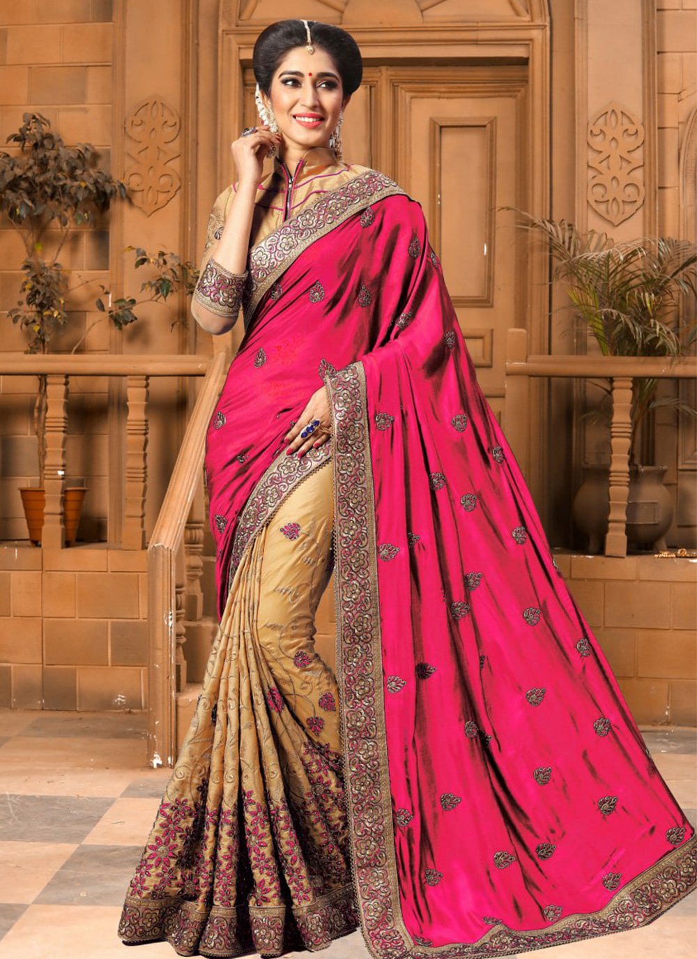 Beige and Rani Ceremonial Shaded Saree