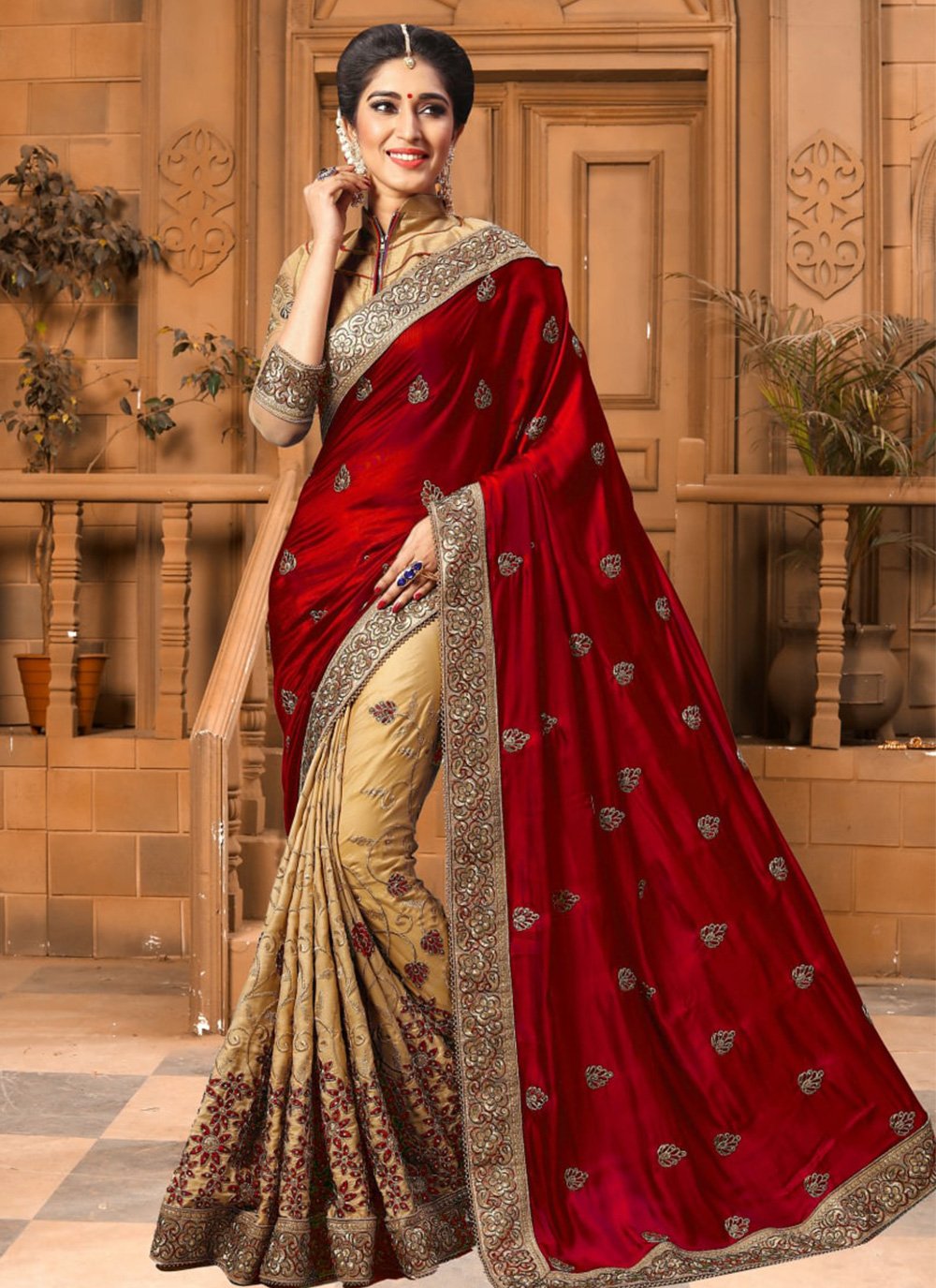Beige and Red Border Ceremonial Shaded Saree