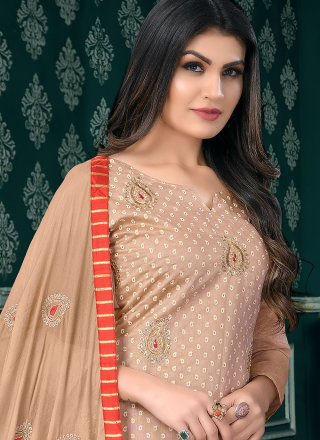 Beige Chanderi Cotton Embroidered Pant Style Suit