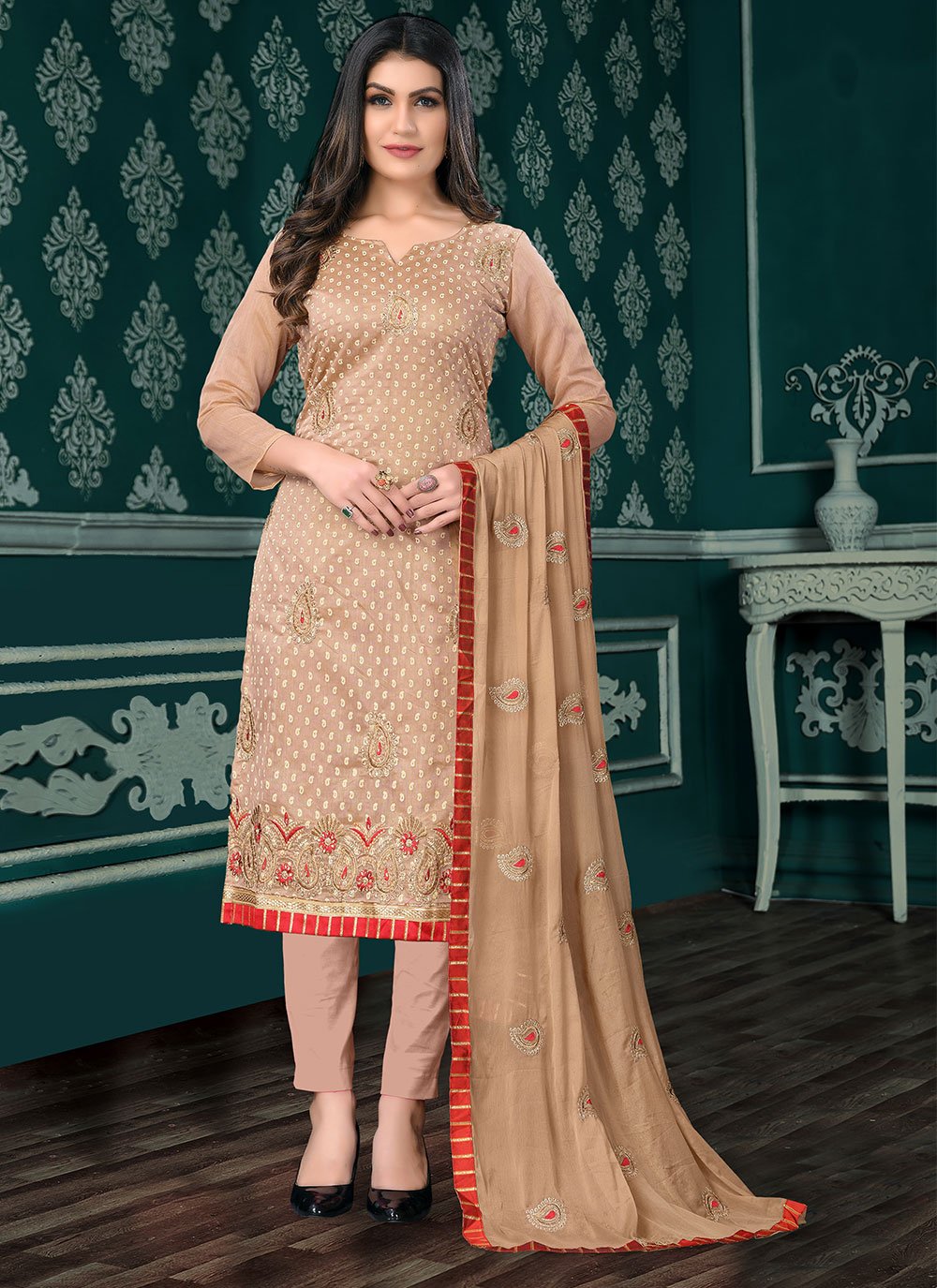 Beige Chanderi Cotton Embroidered Pant Style Suit