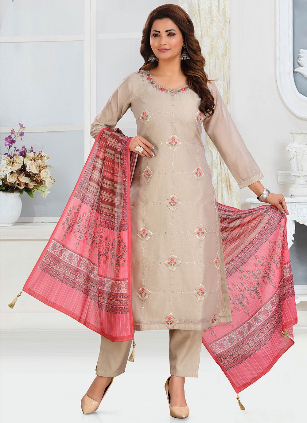Beige Chanderi Silk Readymade Salwar Suit