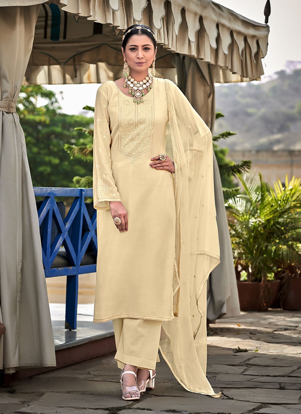 Beige Cotton Silk Designer Straight Suit