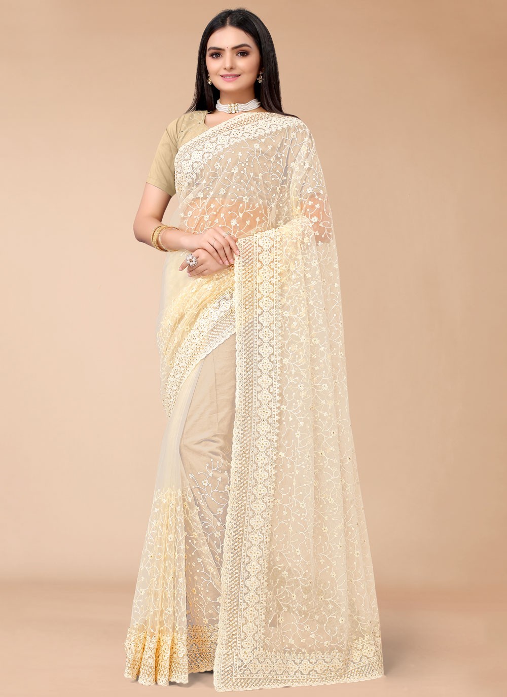 Beige Embroidered Party Contemporary Style Saree