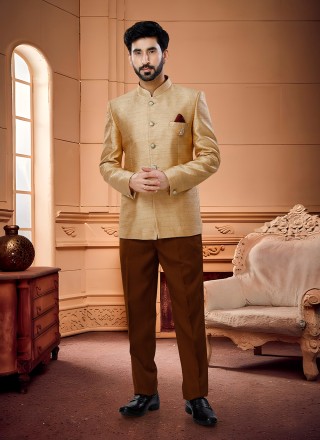 Beige Engagement Jacquard Jodhpuri Suit