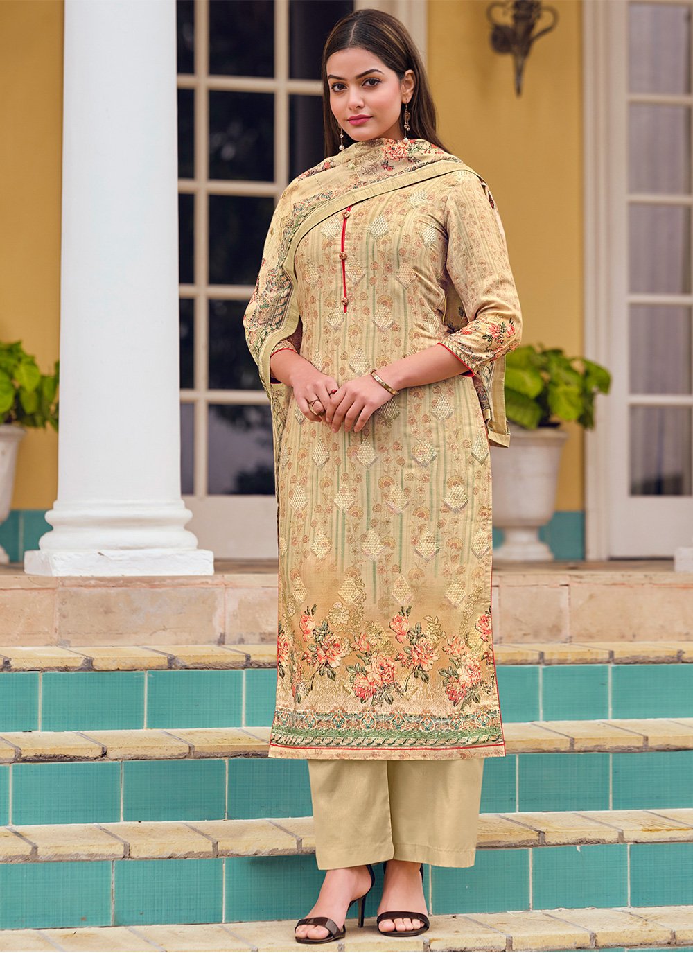Beige Floral Print Salwar Suit
