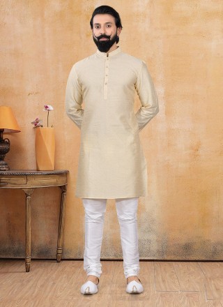 Beige Jacquard Plain Kurta Pyjama