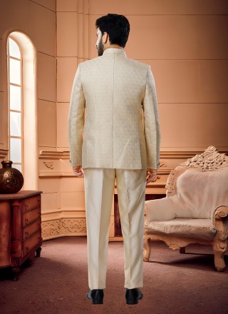 Beige Jacquard Woven Jodhpuri Suit