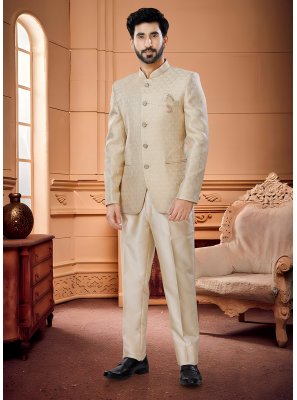 Beige Jacquard Woven Jodhpuri Suit