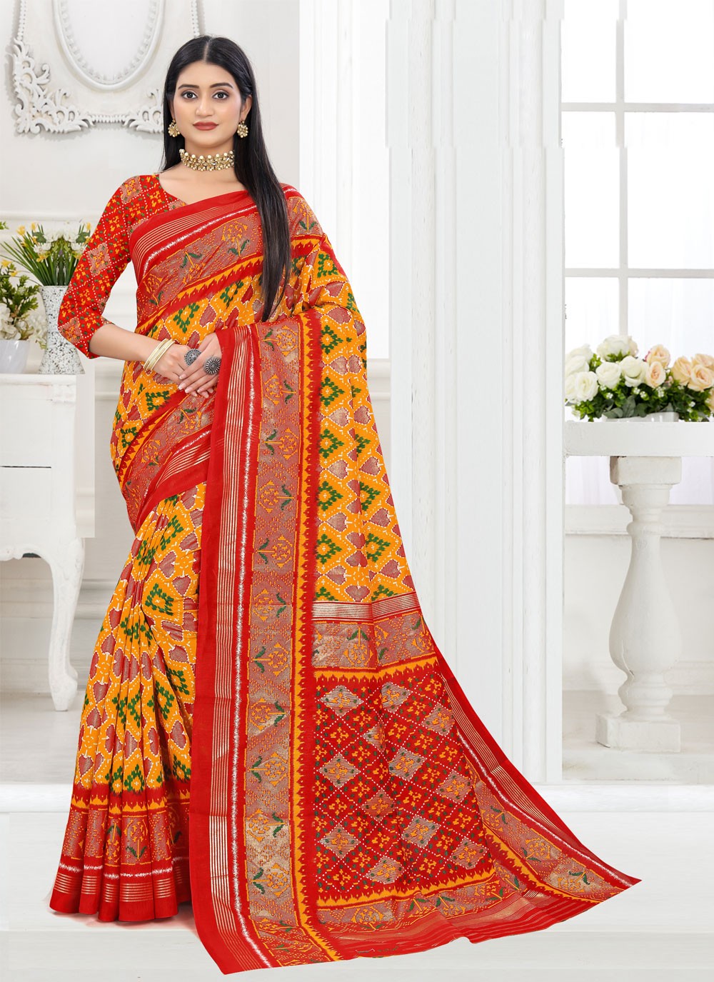 Bhagalpuri Silk Print Red and Yellow Traditional Designer Saree