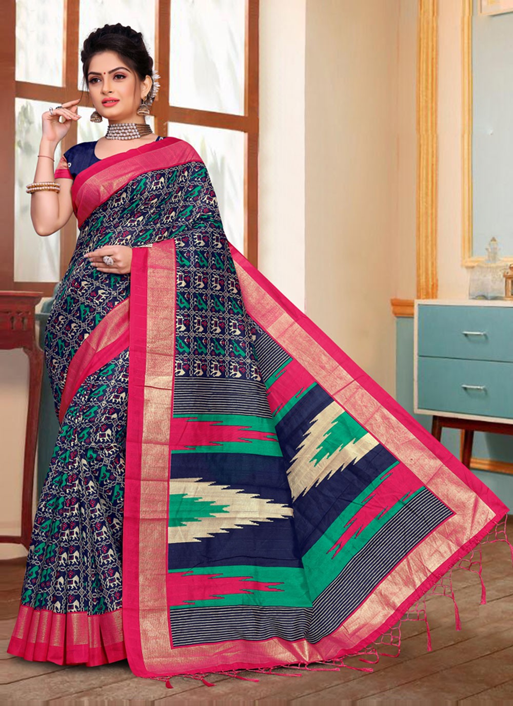 Leaf Pattern Weaved Design Bhagalpuri Linen Saree | US183