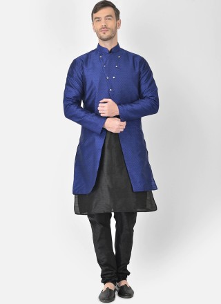 Black and Blue Dupion Silk Kurta Payjama With Jacket
