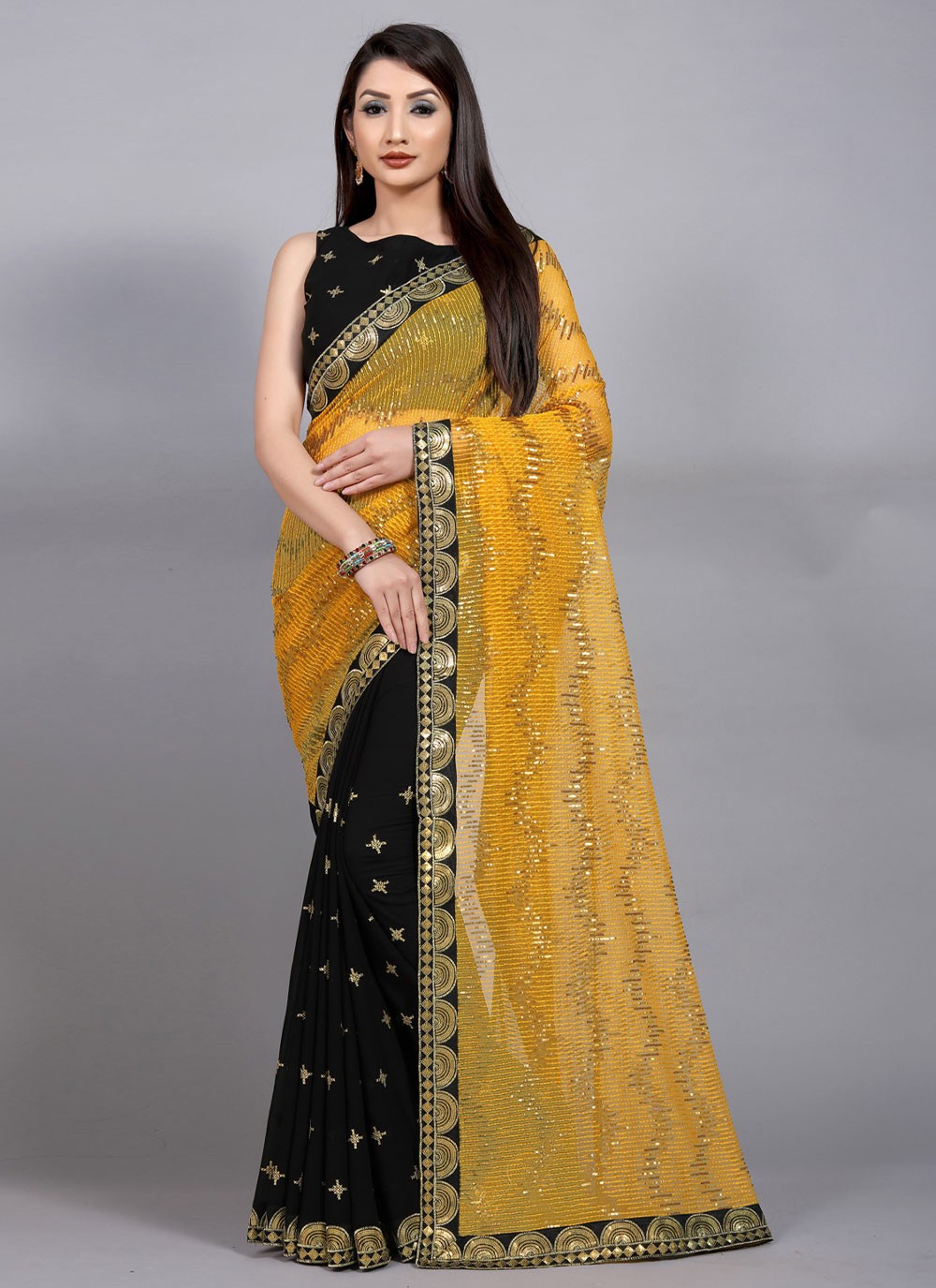 Black and Mustard Party Georgette Classic Saree