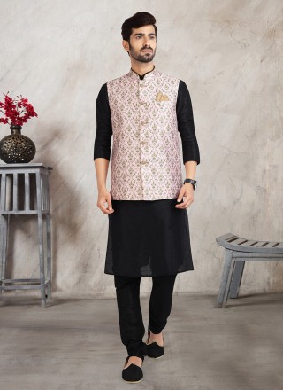 Black and Pink Banarasi Silk Printed Kurta Payjama With Jacket