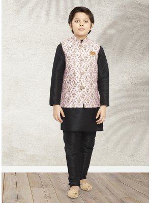 Black and Pink Printed Banarasi Silk Kurta Payjama With Jacket