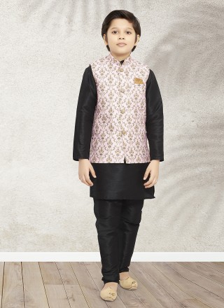 Black and Pink Printed Banarasi Silk Kurta Payjama With Jacket