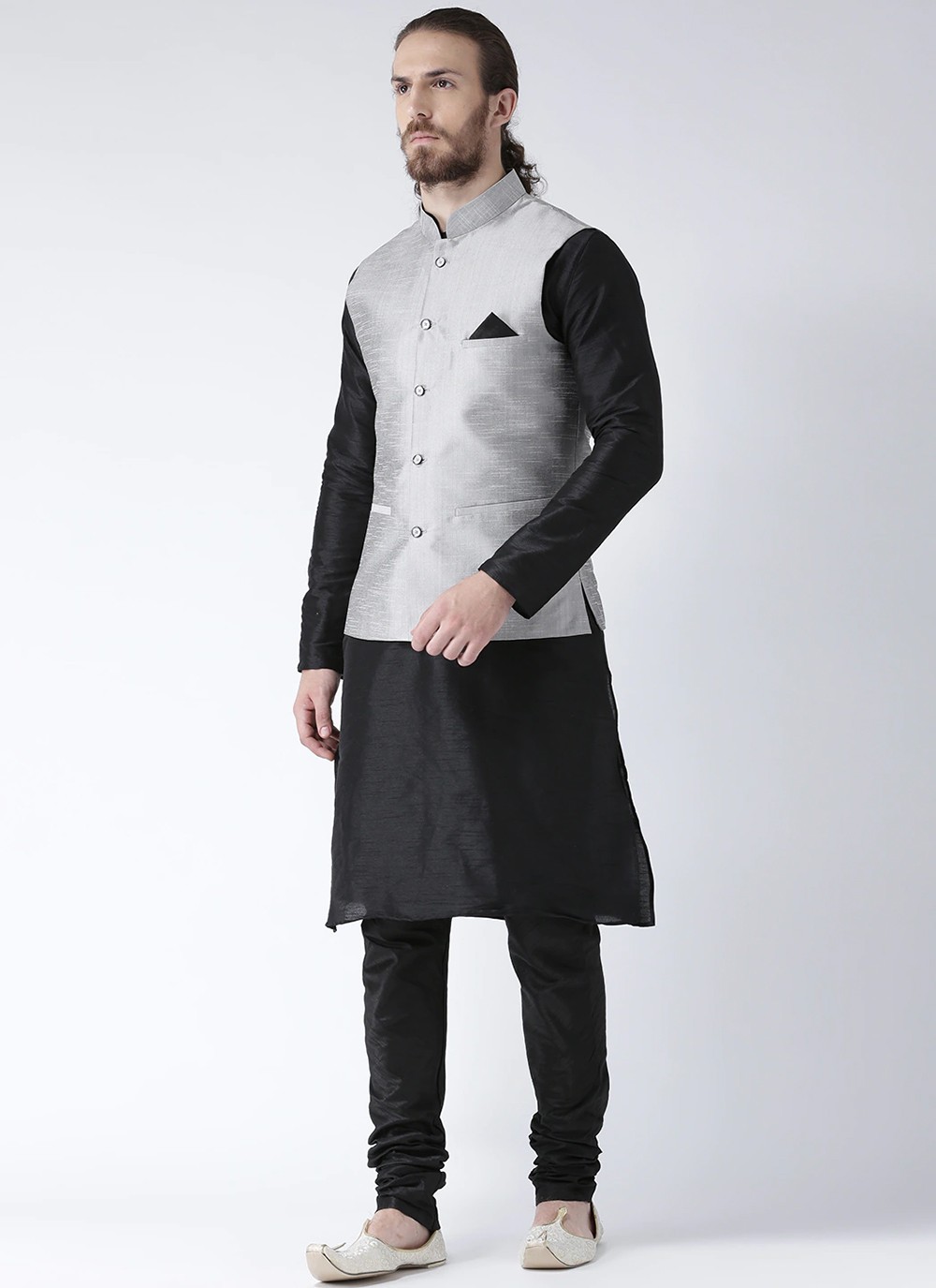 Black and Silver Mehndi Kurta Payjama With Jacket buy online Mens