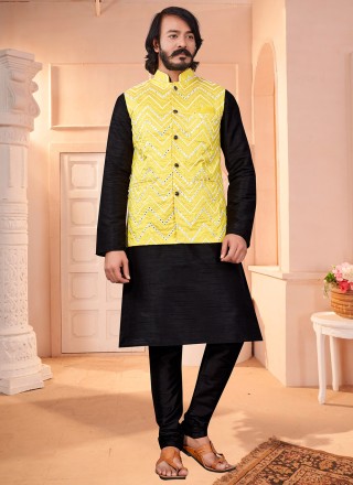 Black and Yellow Art Silk Reception Kurta Payjama With Jacket