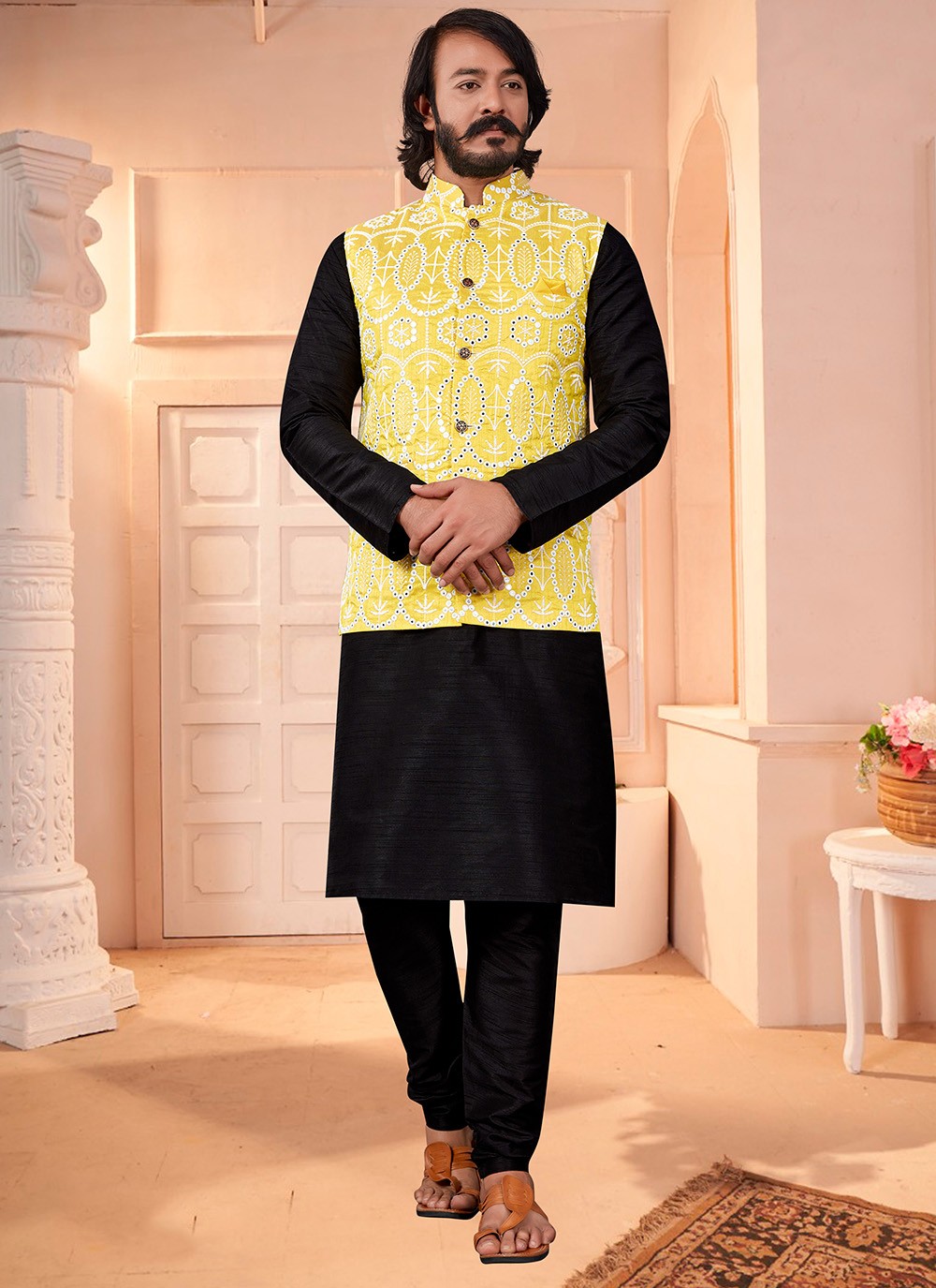 Black and Yellow Reception Cotton Kurta Payjama With Jacket