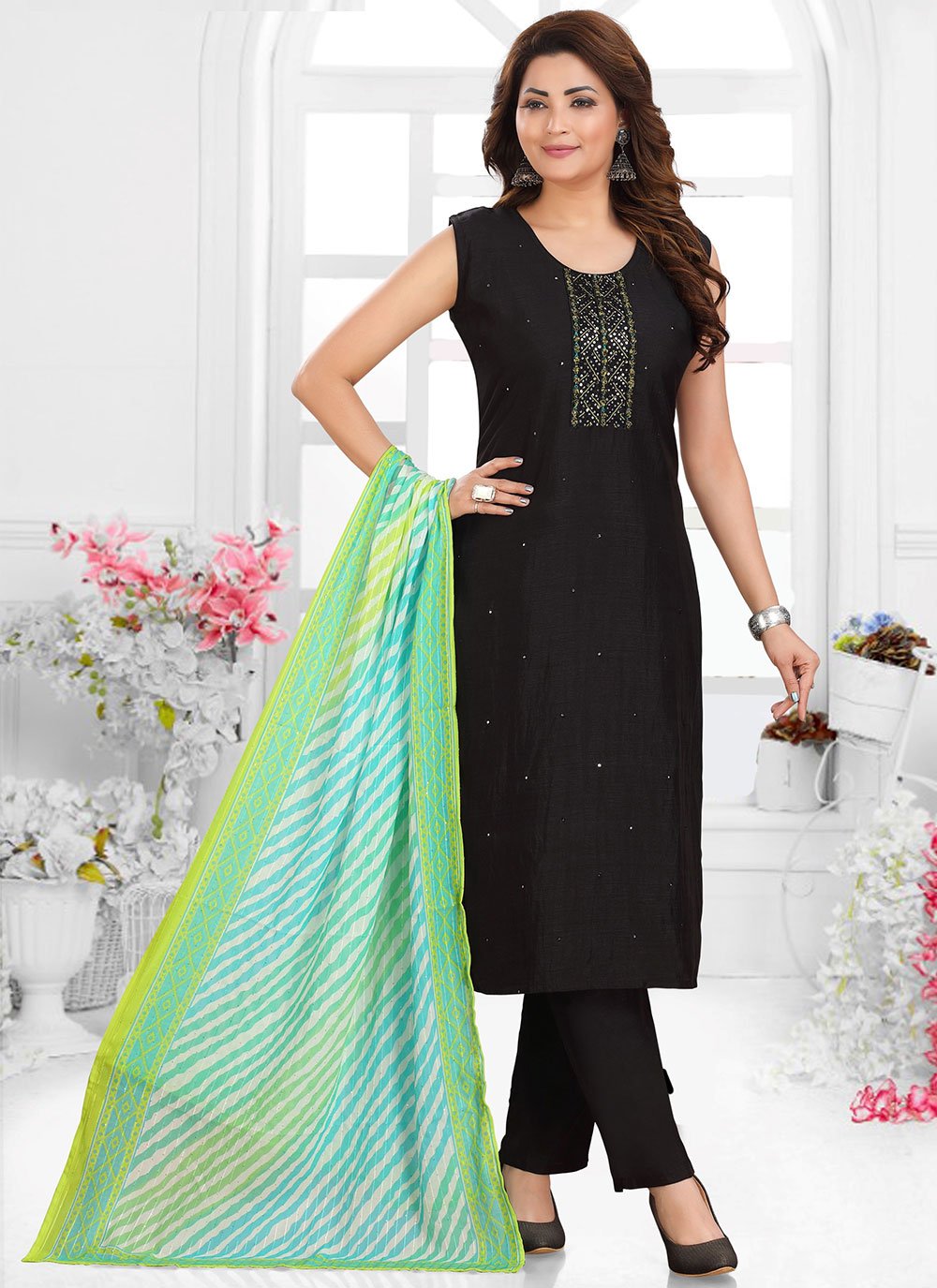 Black Art Silk Embroidered Readymade Salwar Suit