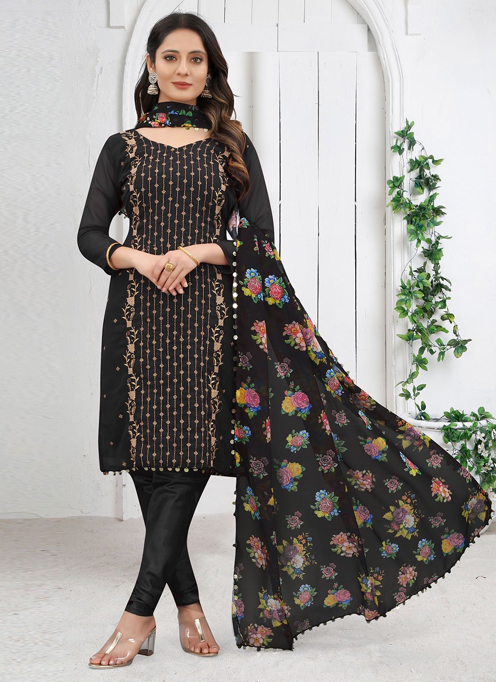 Black Embroidered Faux Georgette Designer Straight Salwar Suit