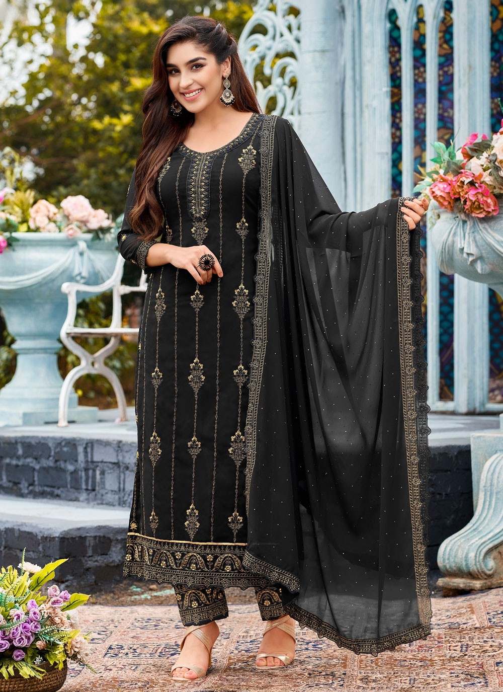 Black Embroidered Faux Georgette Designer Straight Suit