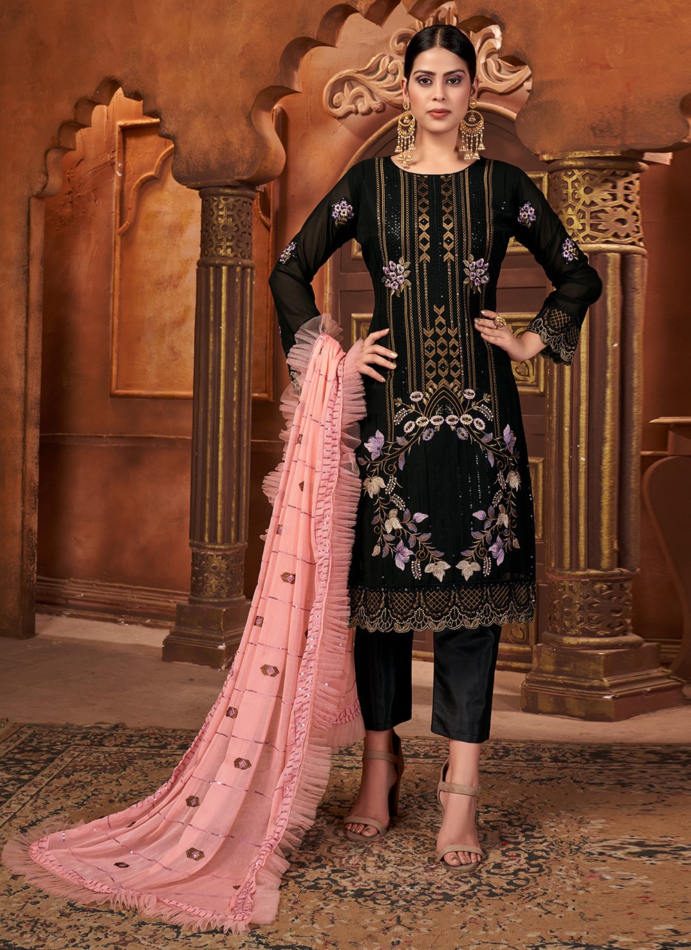 Pant Style Suit Embroidered Faux Georgette in Black buy online