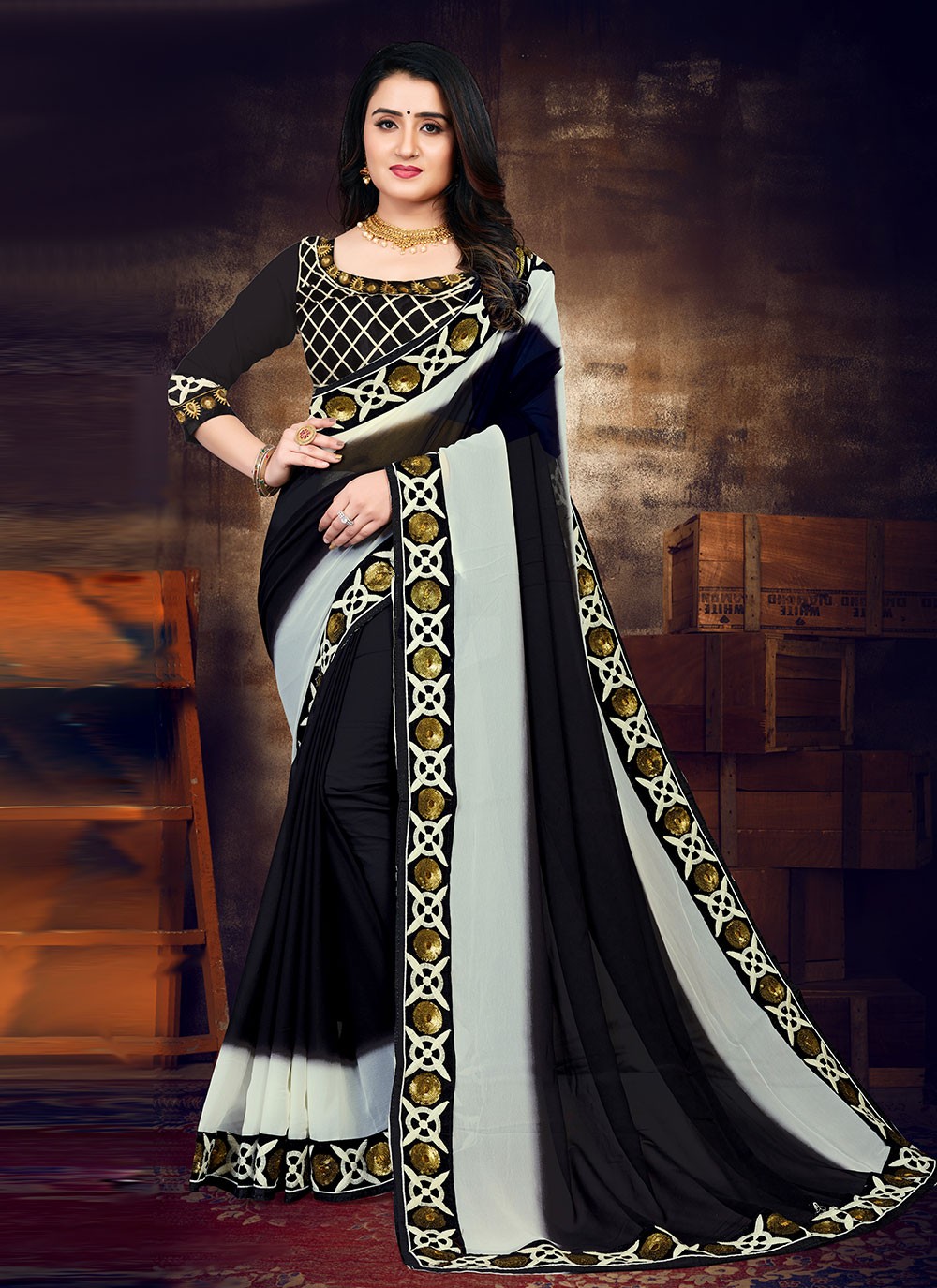 Georgette Black And White Saree - Buy Georgette Black And White Saree online  in India