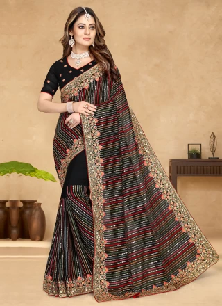 Black Embroidered Reception Contemporary Style Saree