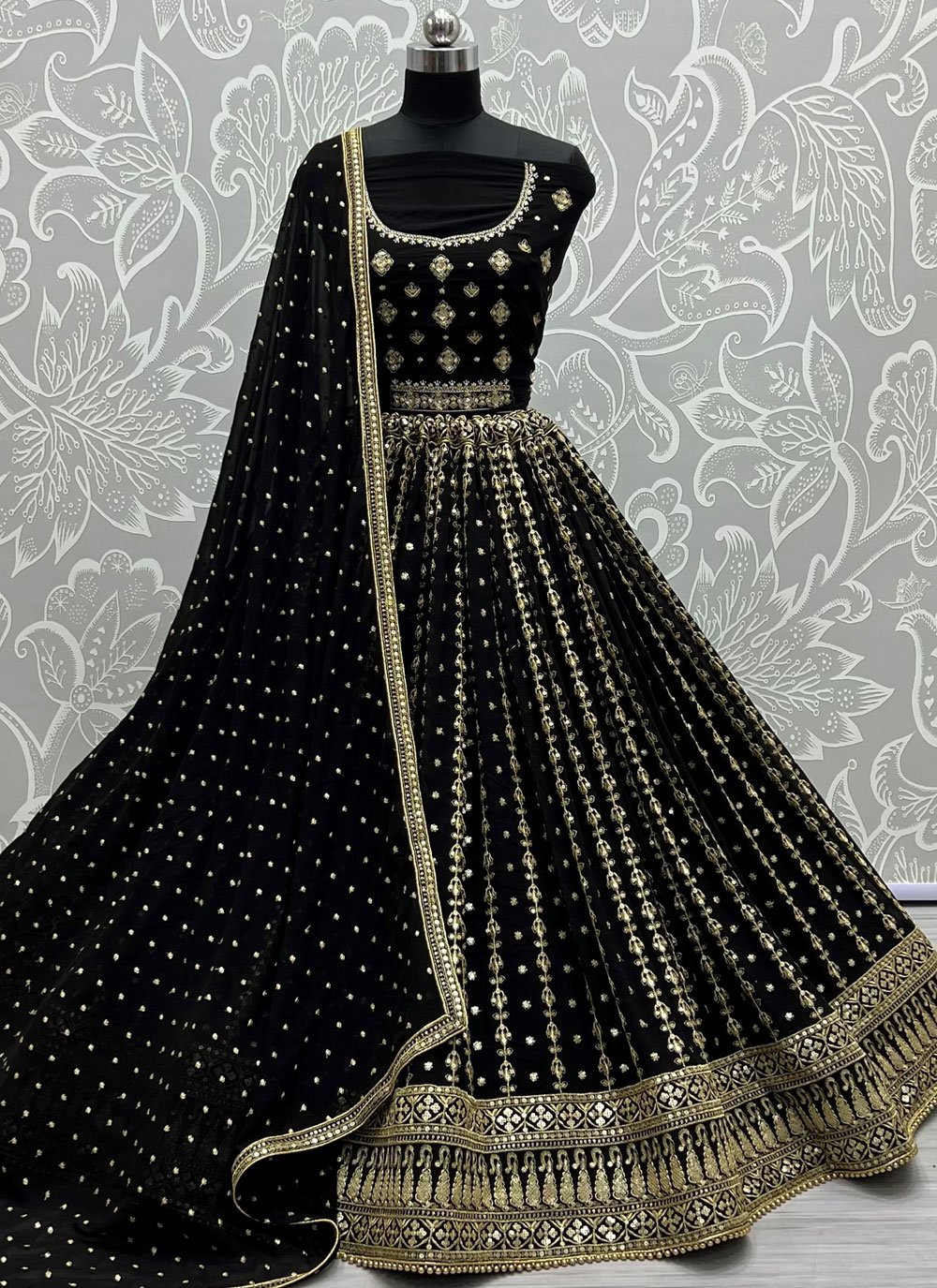 Jet-Black Lehenga Choli With Sequins Work on Choli And Floral Print Dupatta  | Exotic India Art