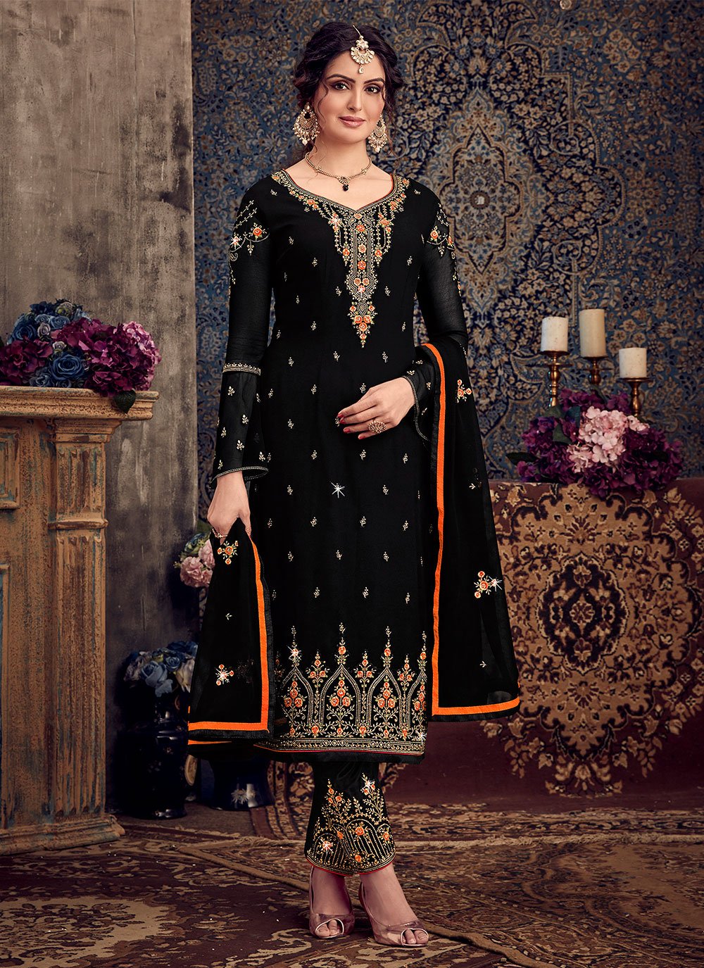 Black georgette heavy embroidered designer pant salwar suit