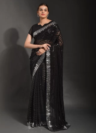 Black Georgette Sequins Contemporary Saree