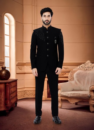 Black Mehndi Fancy Fabric Jodhpuri Suit