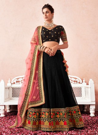 Buy Multi Color Floral Printed Banglori Silk Bridal Lehenga With Black Choli  Online from EthnicPlus for ₹3199.00