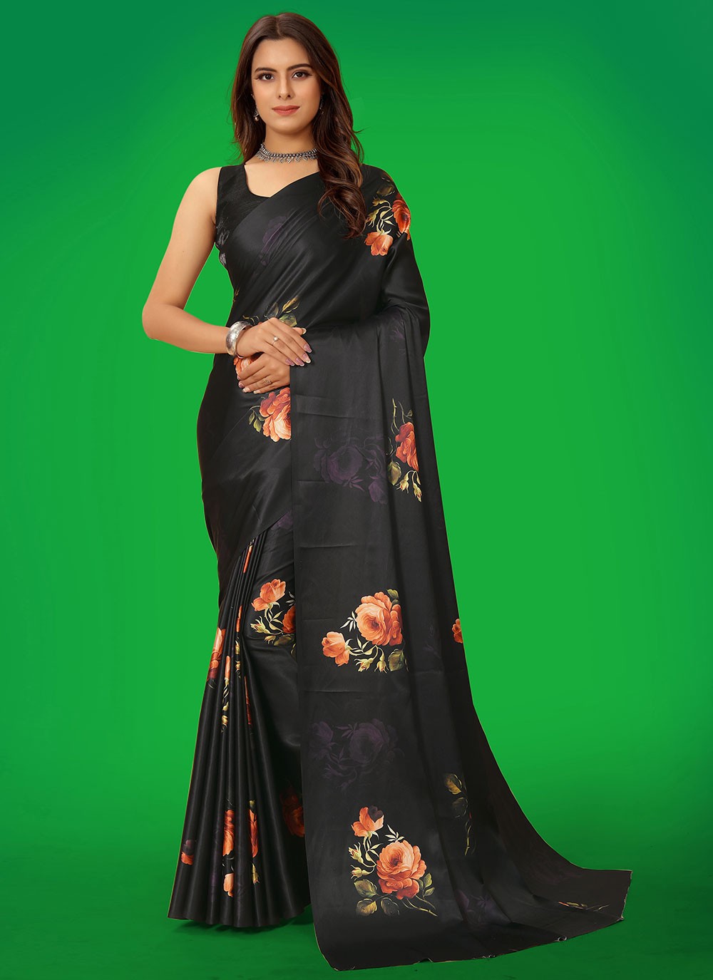 Elegant Designer BLACK satin silk saree - Saree - sale
