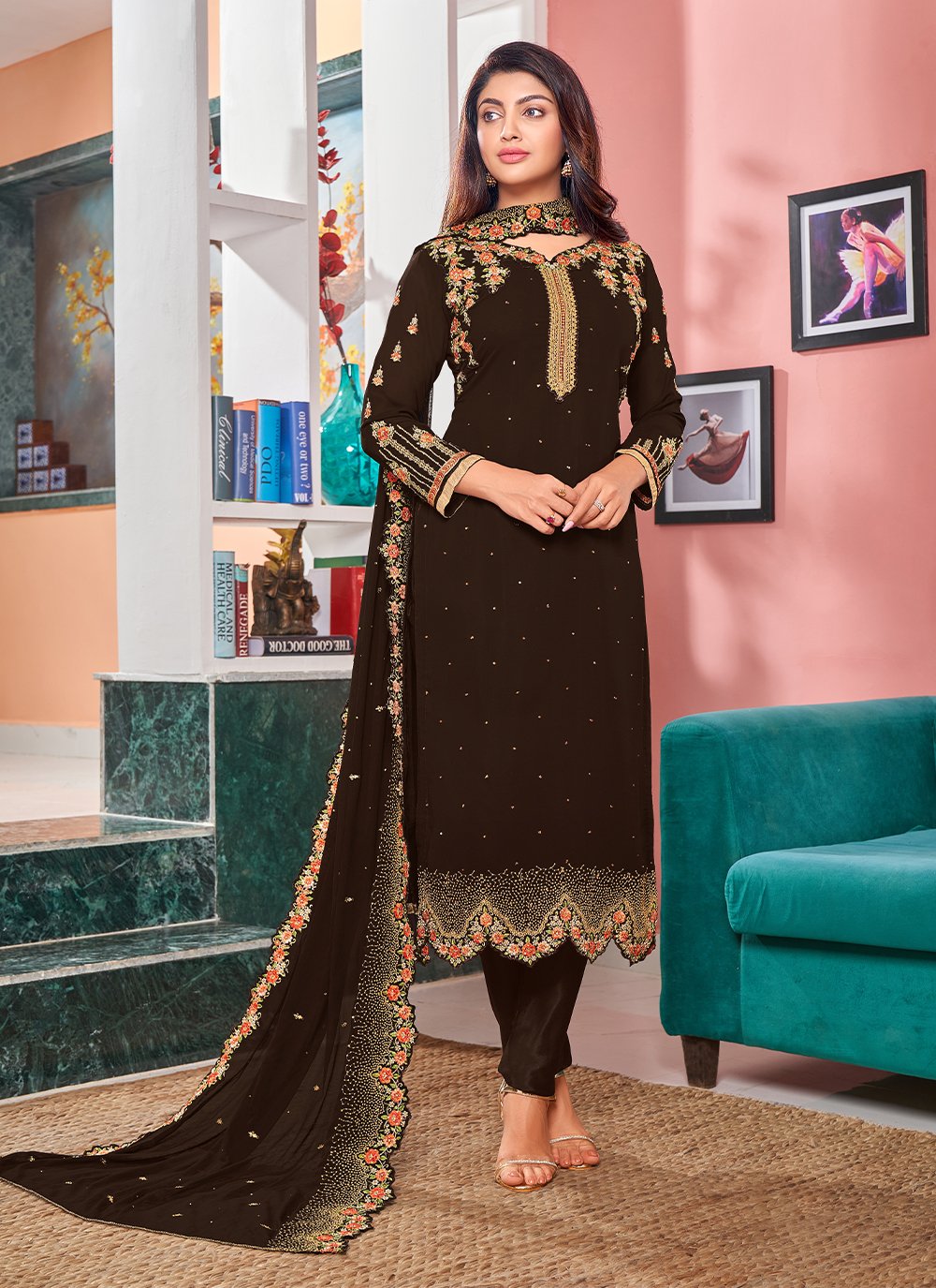 Brown Stone Faux Georgette Pant Style Suit