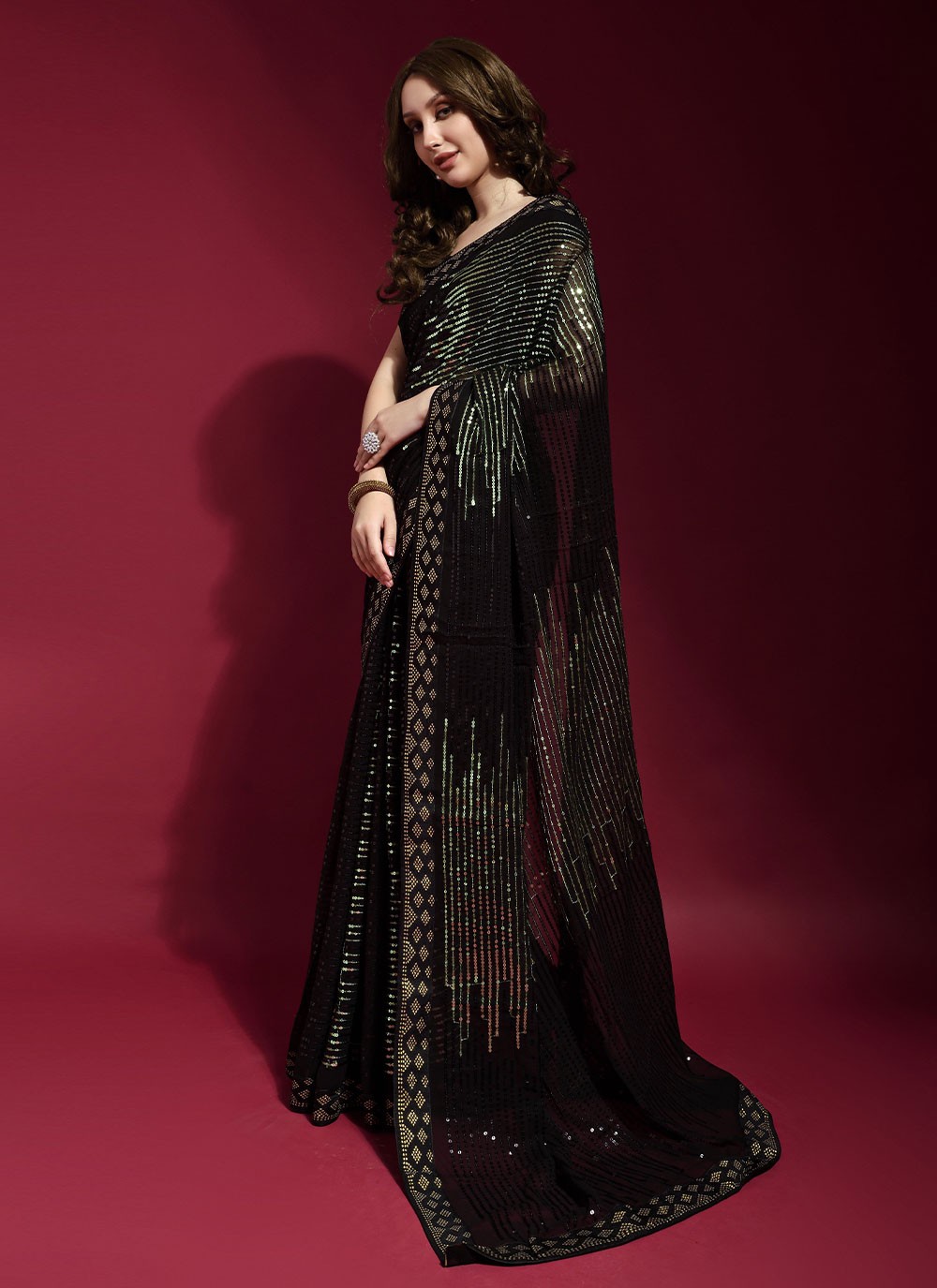 Buy Black Sequins Party Contemporary Style Saree Online