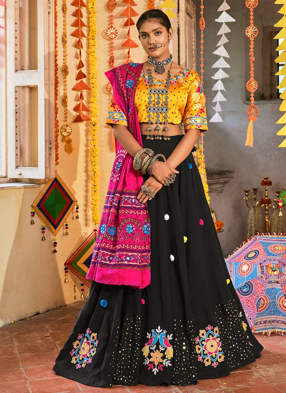 Navratri Special Gamthi Work Chaniya Choli In Black | Gunj Fashion