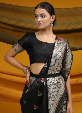 Black Woven Tussar Silk Saree