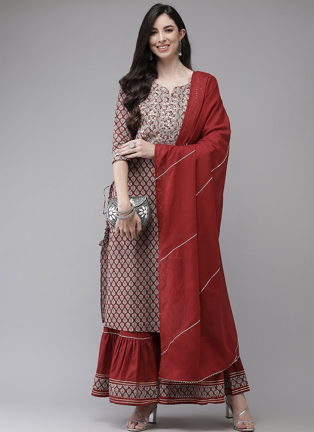Blended Cotton Brown and Maroon Embroidered Designer Palazzo Salwar Kameez