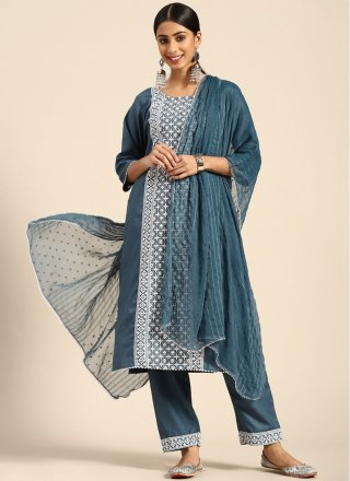 Blended Cotton Embroidered Pant Style Suit in Blue